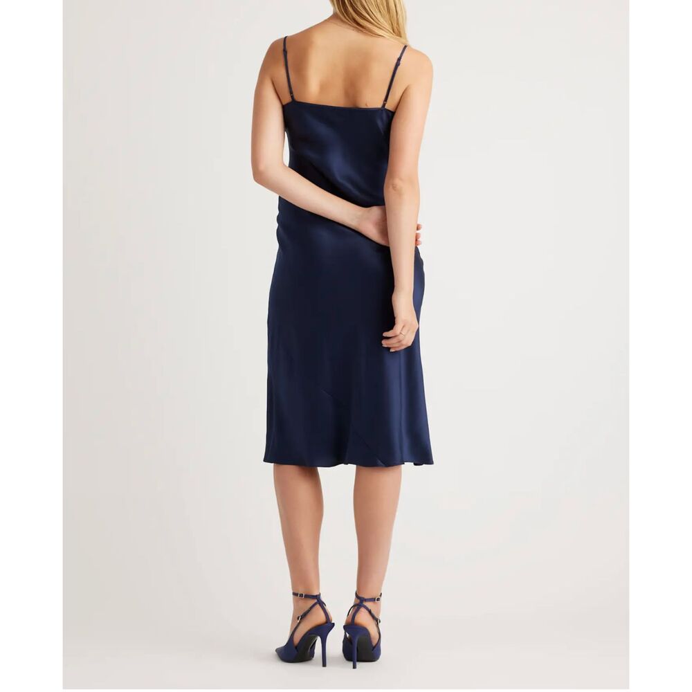 Quince 100% Washable Silk Satin Royal Navy Draped Slip Midi Dress SZ S Bias Cut - Picture 11 of 13